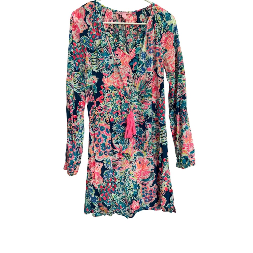 Vintage Lilly Pulitzer Gypsea Tunic Dress  Pink Blue Navy V Neck Tassel Size S
